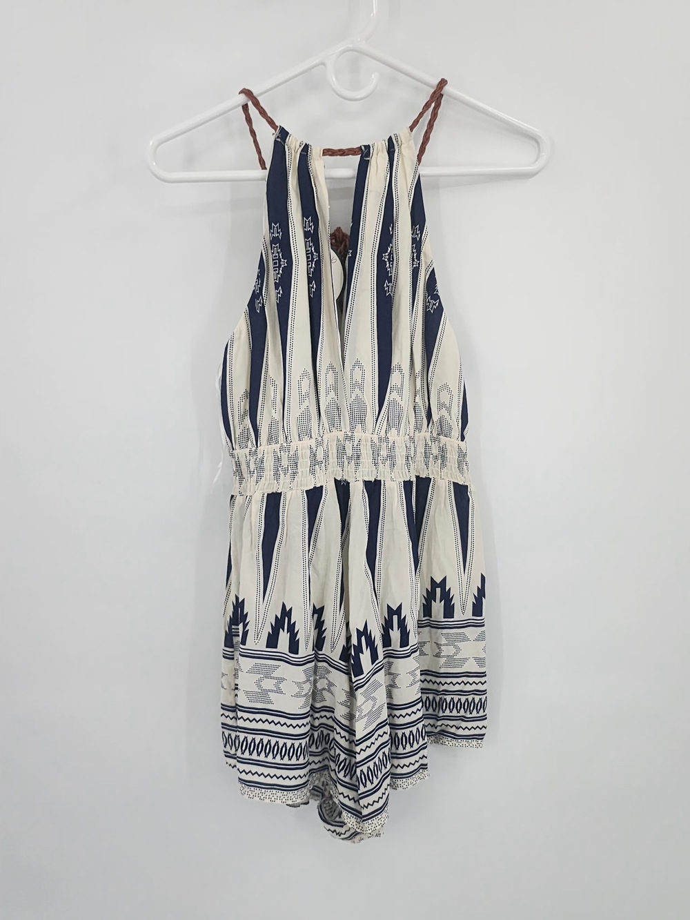 Shareen Navy and Cream Halter Romper with Tribal Print, Sz 12 Australia
